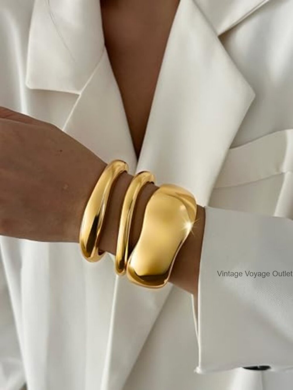 Chunky Gold Plated Bangle Bracelets Spring Hinged Stackable Set - Picture 3 of 5
